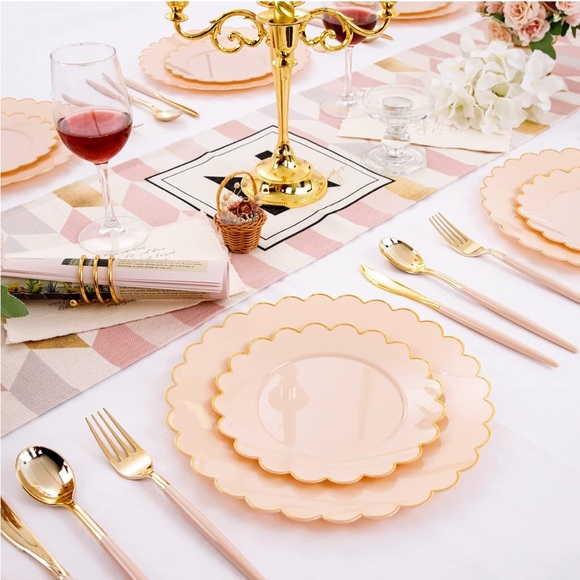 Chic Scalloped Pink & Gold Party Plates 60pcs 30 Dinner 10.25" & 30 Dessert 7.5" - Picture 4 of 7